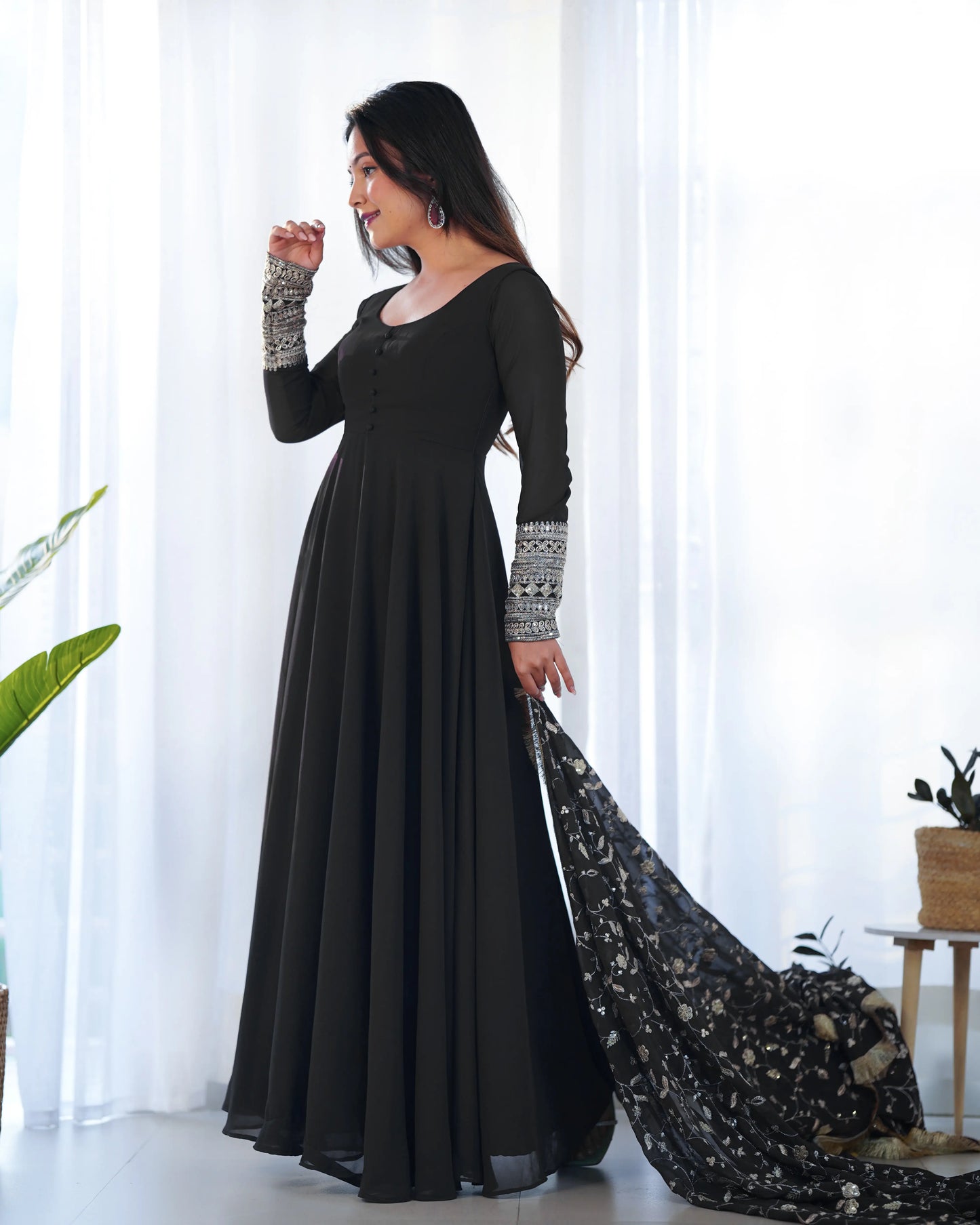 Black Designer Georgette Gown With Heavy Embroidery Work Dupatta
