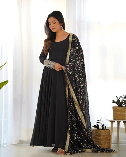 Black Designer Georgette Gown With Heavy Embroidery Work Dupatta