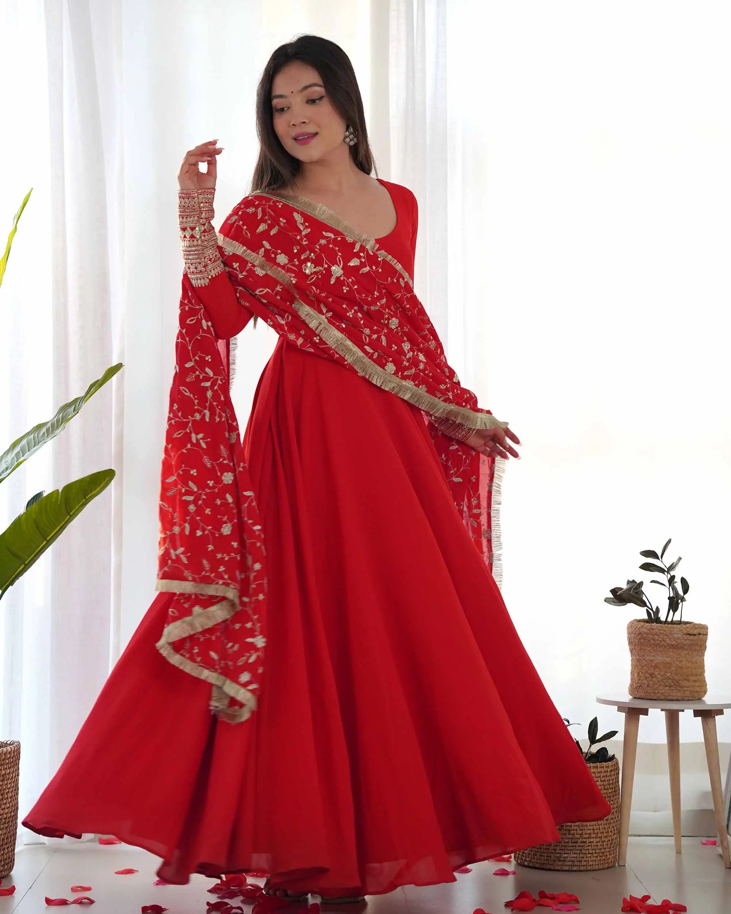 Cornell Red Designer Georgette Gown With Heavy Embroidery Work Dupatta