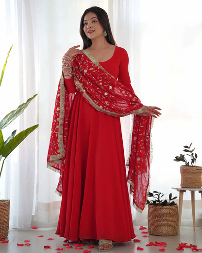 Cornell Red Designer Georgette Gown With Heavy Embroidery Work Dupatta