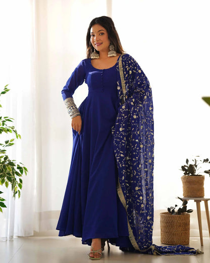 Royal Blue Designer Georgette Gown With Heavy Embroidery Work Dupatta