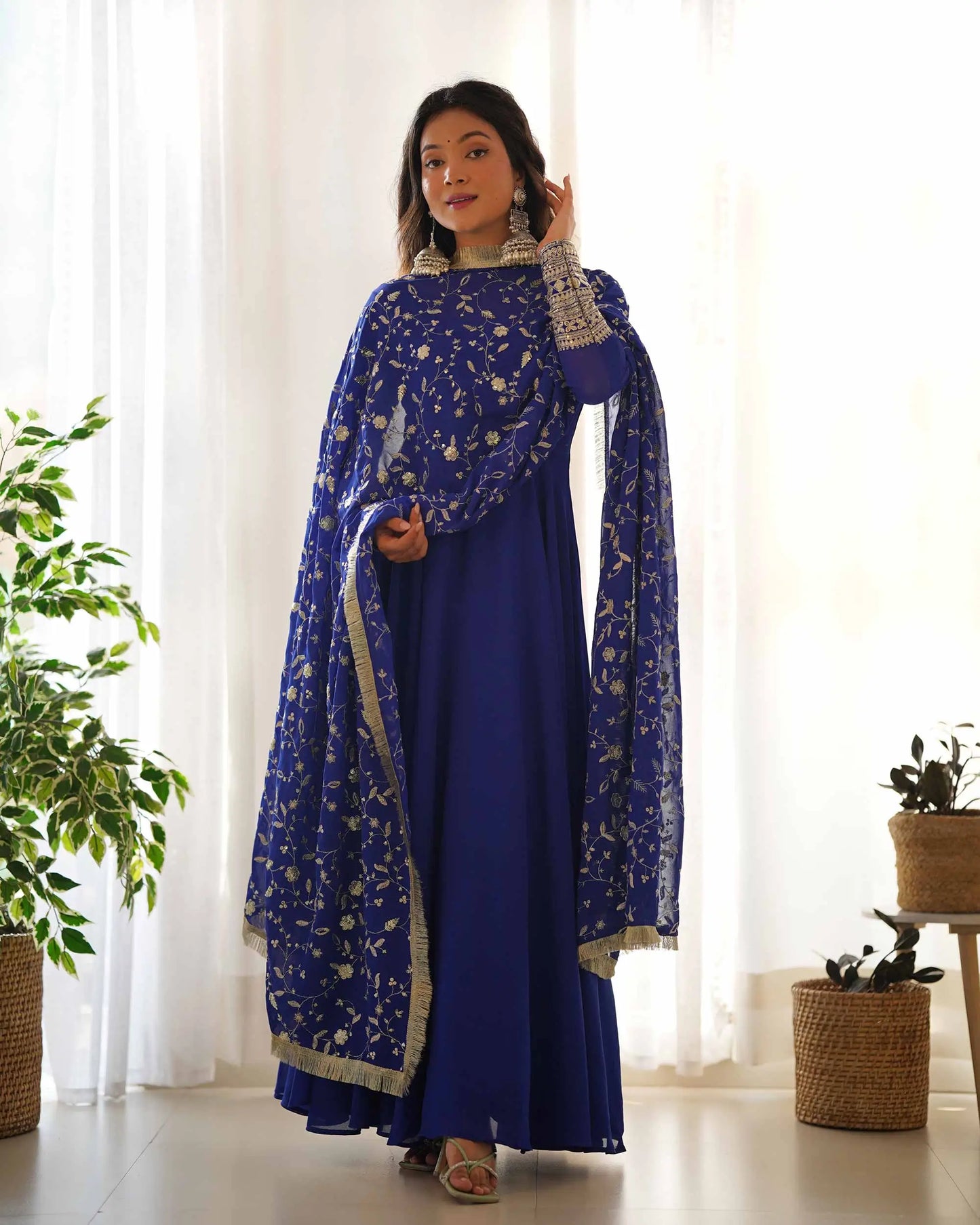 Royal Blue Designer Georgette Gown With Heavy Embroidery Work Dupatta