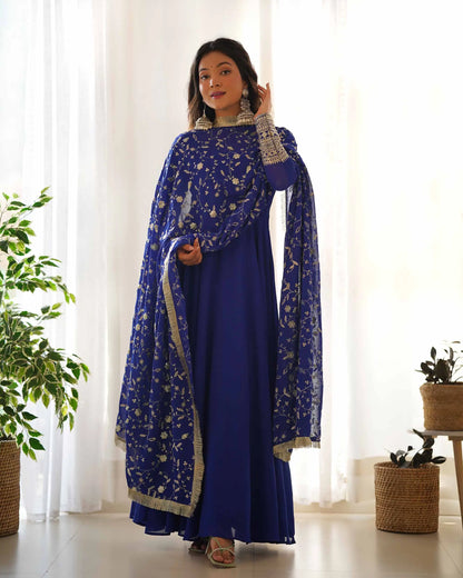 Royal Blue Designer Georgette Gown With Heavy Embroidery Work Dupatta