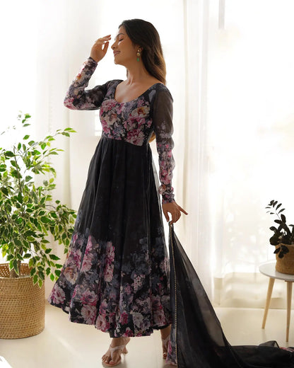 Black Floral Print Organza Anarkali Gown With Dupatta