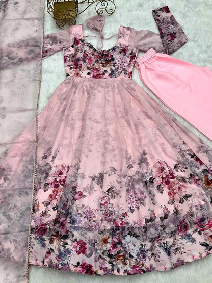 Light Peach Pink Floral Print Organza Gown