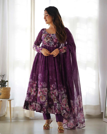 Wine Floral Print Organza Anarkali Gown With Dupatta