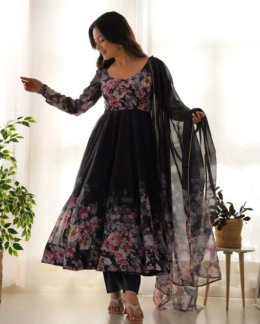 Black Floral Print Organza Anarkali Gown With Dupatta