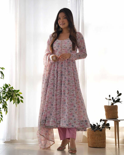 Baby Pink Chiffon Anarkali Gown With Colorful Floral Print With Dupatta