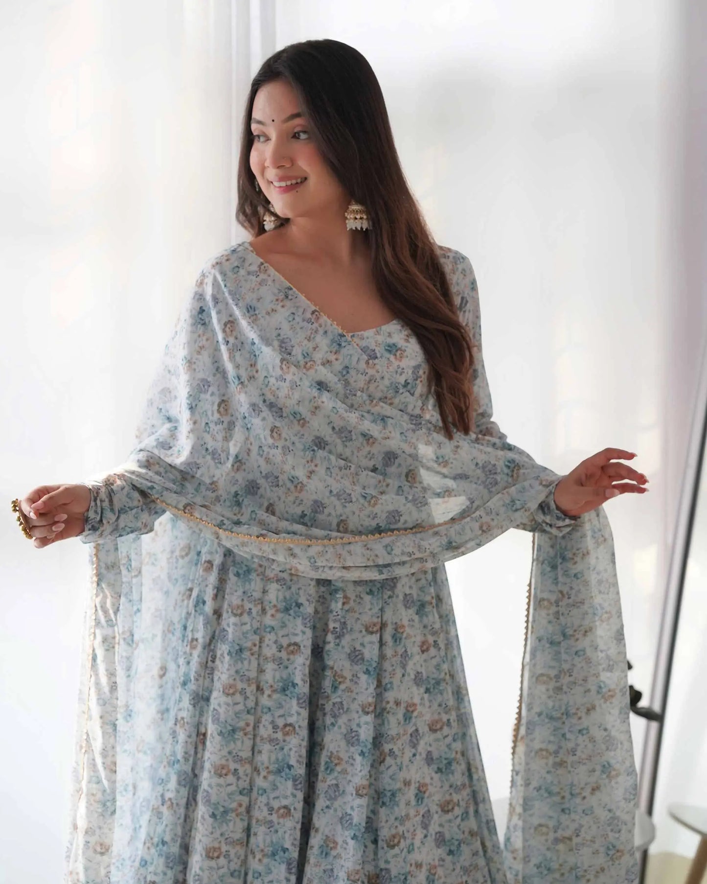 Light Sky Blue Chiffon Anarkali Gown With Colorful Floral Print With Dupatta