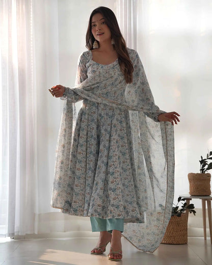 Light Sky Blue Chiffon Anarkali Gown With Colorful Floral Print With Dupatta