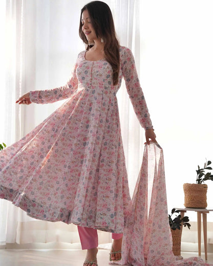 Baby Pink Chiffon Anarkali Gown With Colorful Floral Print With Dupatta
