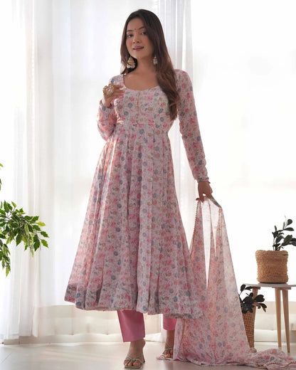 Baby Pink Chiffon Anarkali Gown With Colorful Floral Print With Dupatta