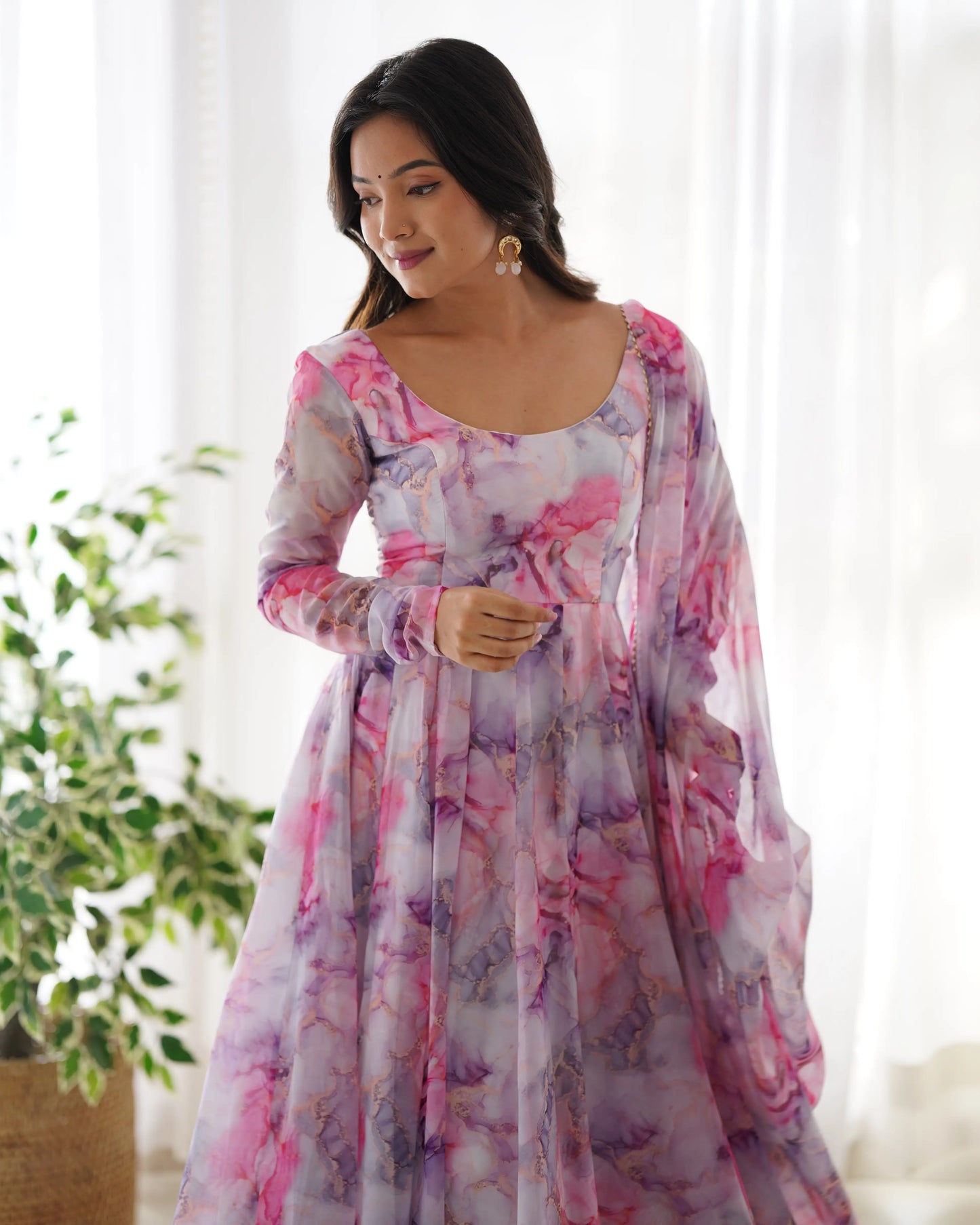 Off White Multi Color  Printed  Organza Anarkali Gown