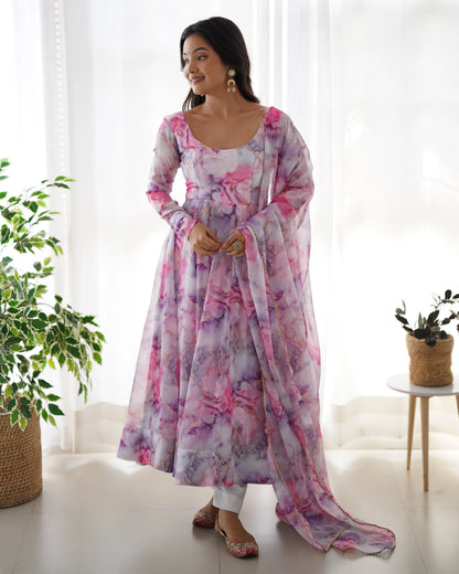 Off White Multi Color  Printed  Organza Anarkali Gown