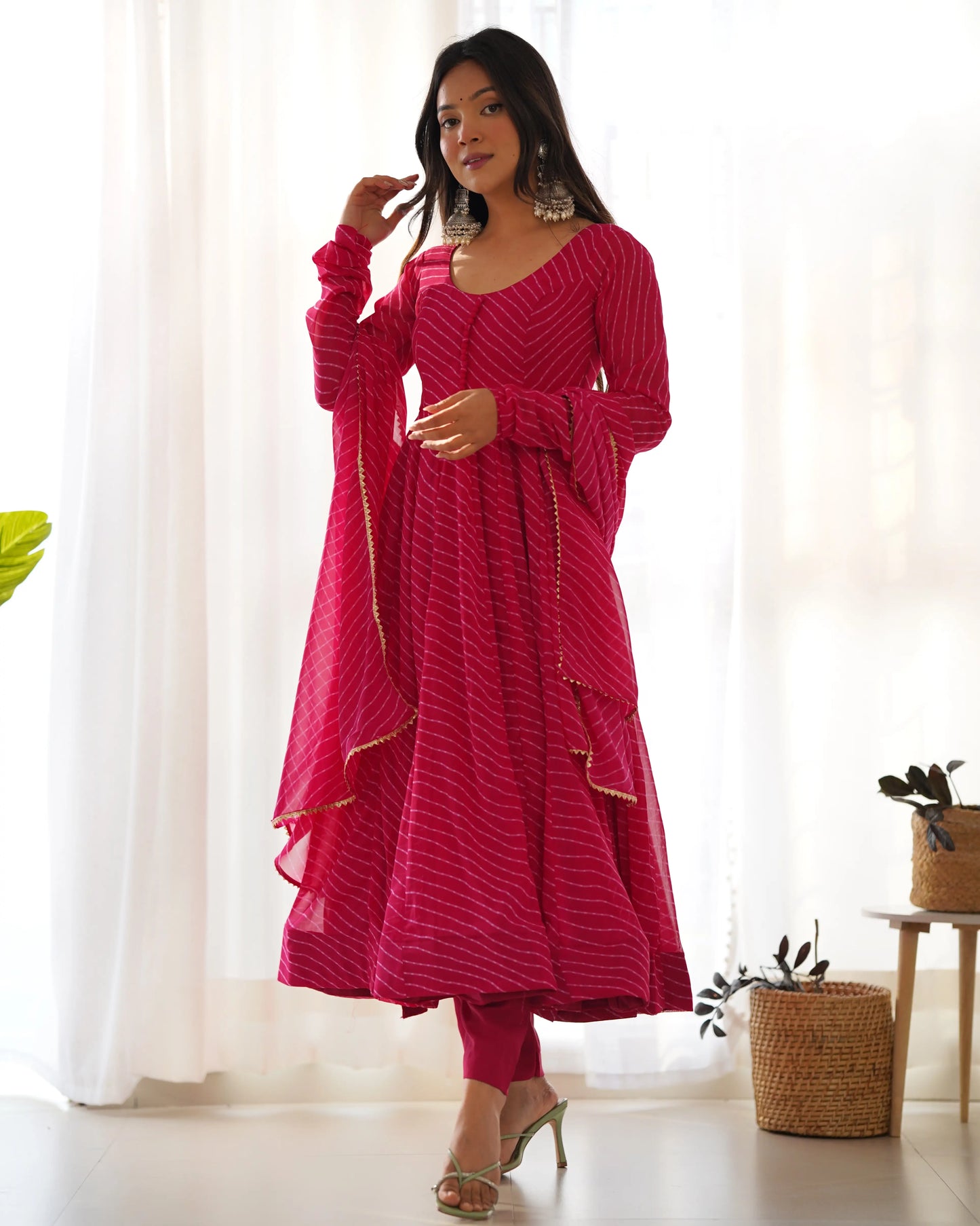 Rani Pink Laheriya Print Georgette Anarkali Gown With Dupatta