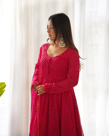 Rani Pink Laheriya Print Georgette Anarkali Gown With Dupatta