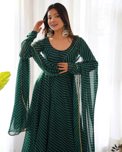 Dark Green Laheriya Print Georgette Anarkali Gown With Dupatta