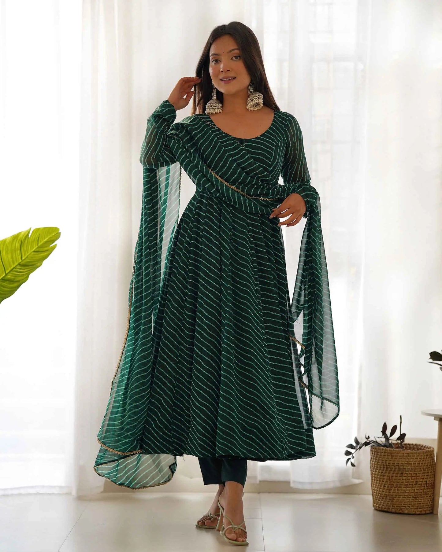 Dark Green Laheriya Print Georgette Anarkali Gown With Dupatta