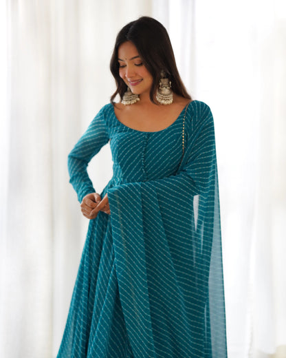 Bottle Green Laheriya Print Georgette Anarkali Gown With Dupatta