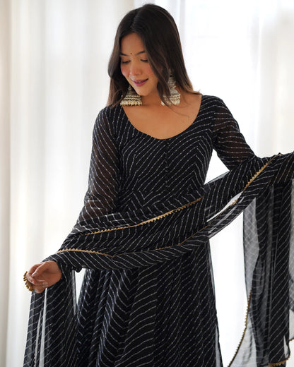 Met Black Laheriya Print Georgette Anarkali Gown With Dupatta