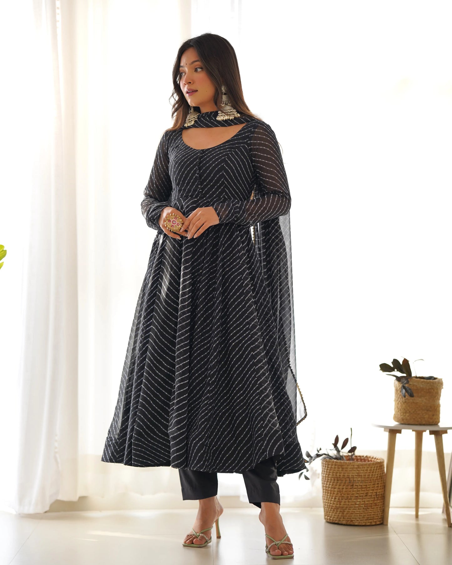 Met Black Laheriya Print Georgette Anarkali Gown With Dupatta