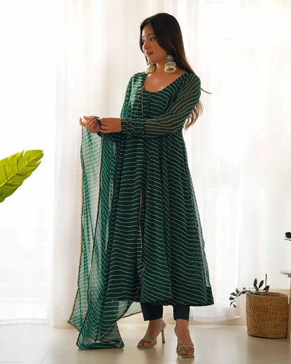 Dark Green Laheriya Print Georgette Anarkali Gown With Dupatta