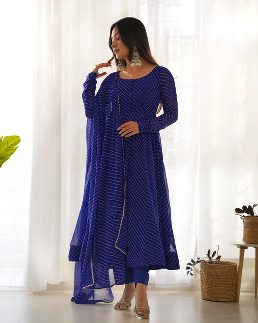 Royal Blue Laheriya Print Georgette Anarkali Gown With Dupatta