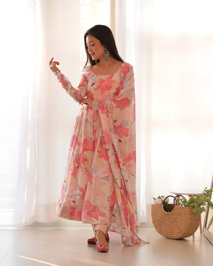 Light Pink Georgette Multi Floral Print Anarkali Gown With Dupatta