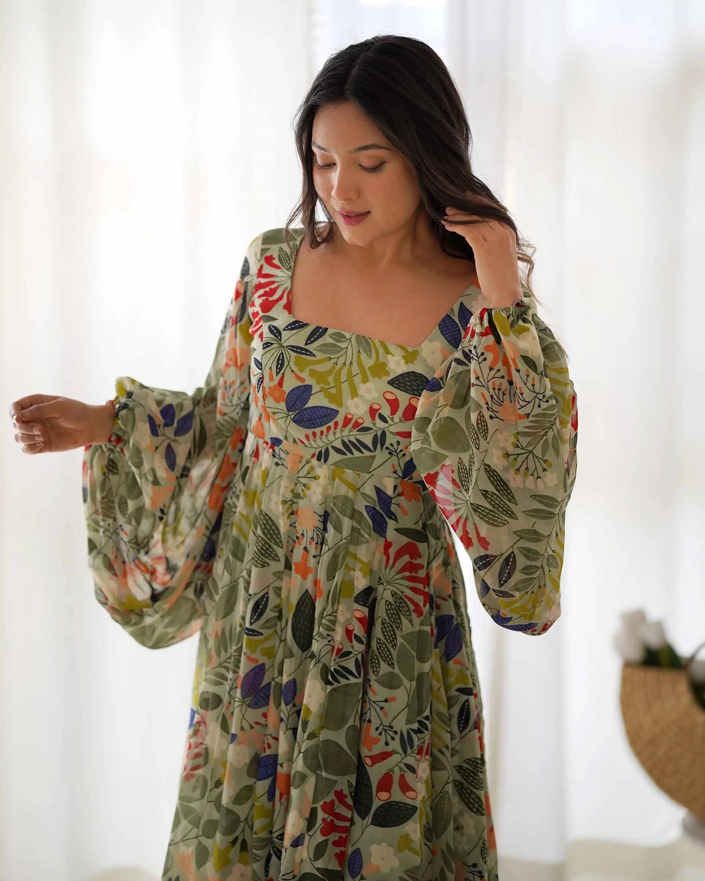 Spanish Green Georgette Floral Print Balloon Sleeve Maxi Gown