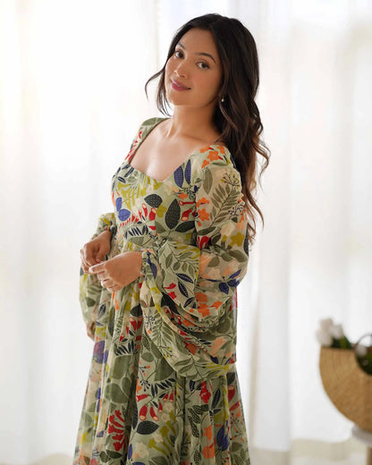 Spanish Green Georgette Floral Print Balloon Sleeve Maxi Gown