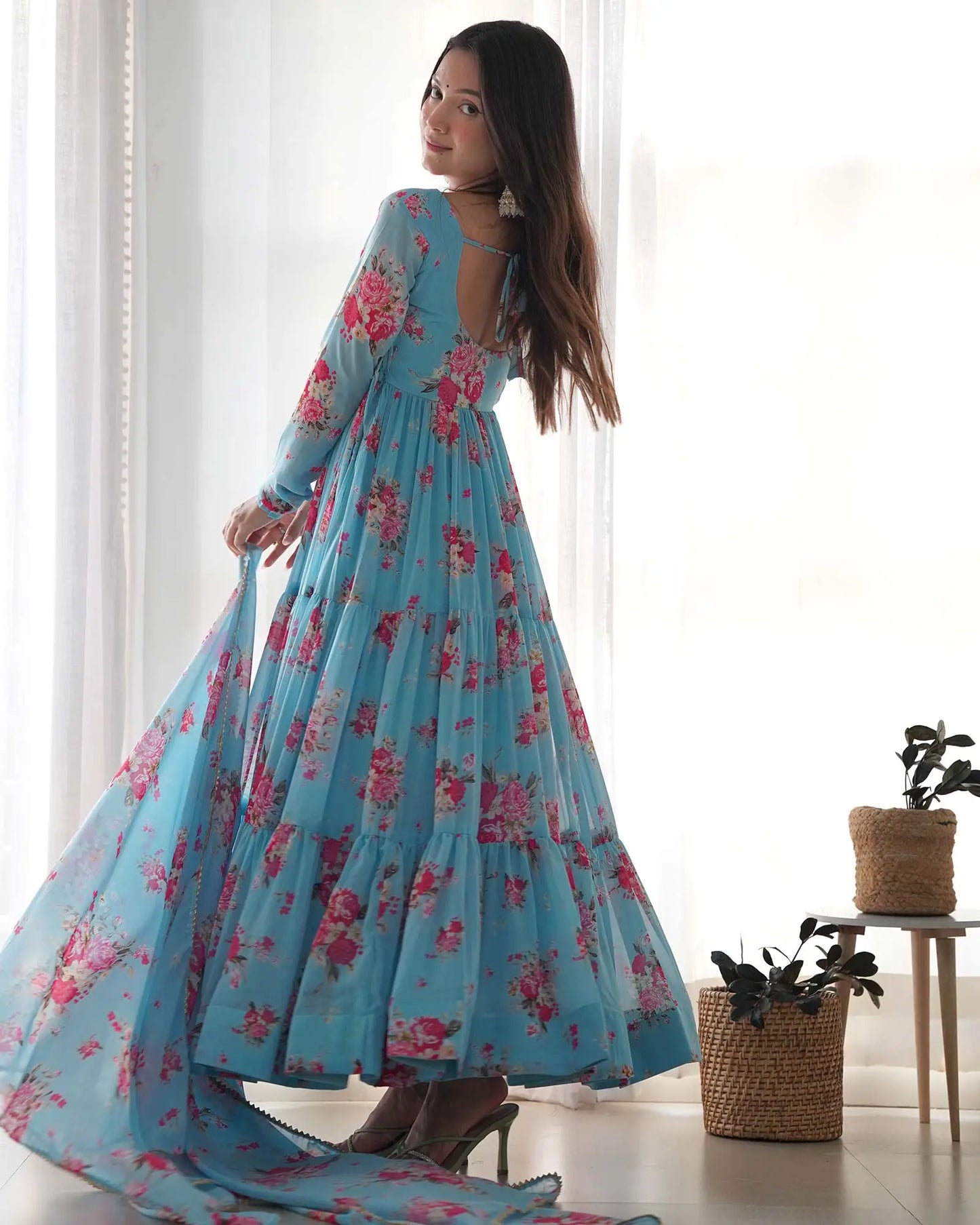 Sky Blue Georgette Floral Print Gown With Dupatta