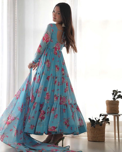 Sky Blue Georgette Floral Print Gown With Dupatta