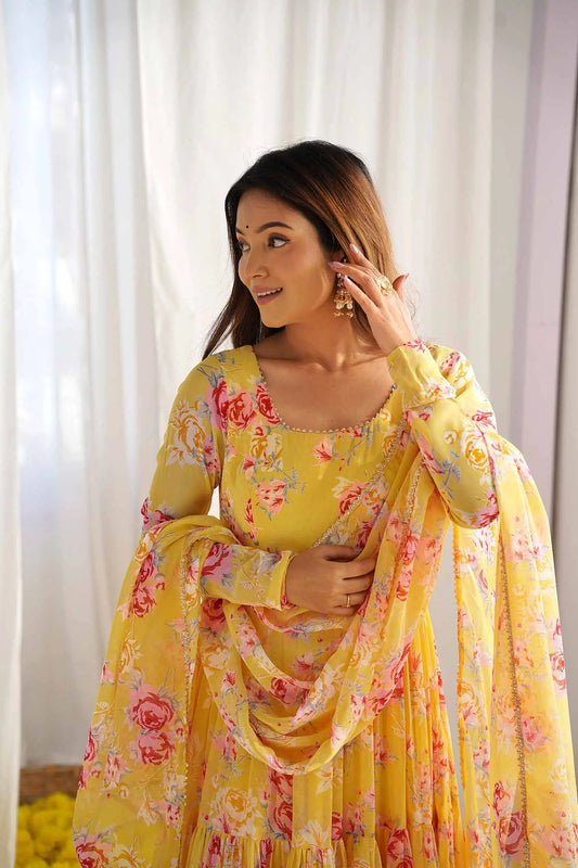 Yellow Georgette Floral Print Gown With Dupatta