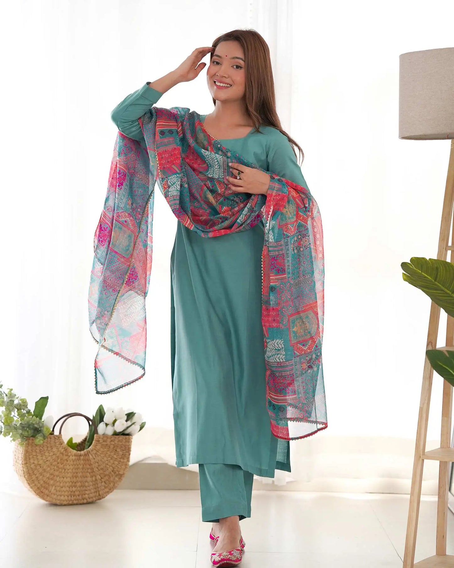 Beetle Blue Viscose Straight Salwar Suit With Multi Floral Print Dupatta