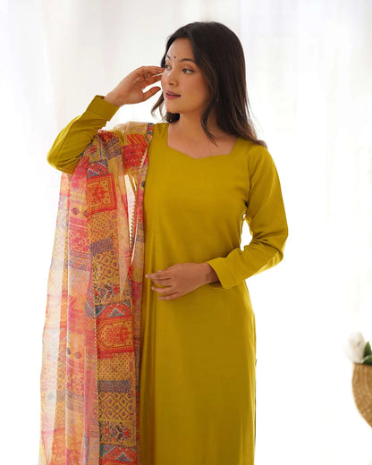 Met Yellow Viscose Straight Salwar Suit With Multi Floral Print Dupatta