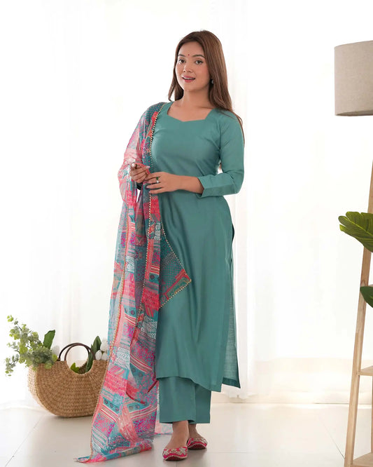 Beetle Blue Viscose Straight Salwar Suit With Multi Floral Print Dupatta