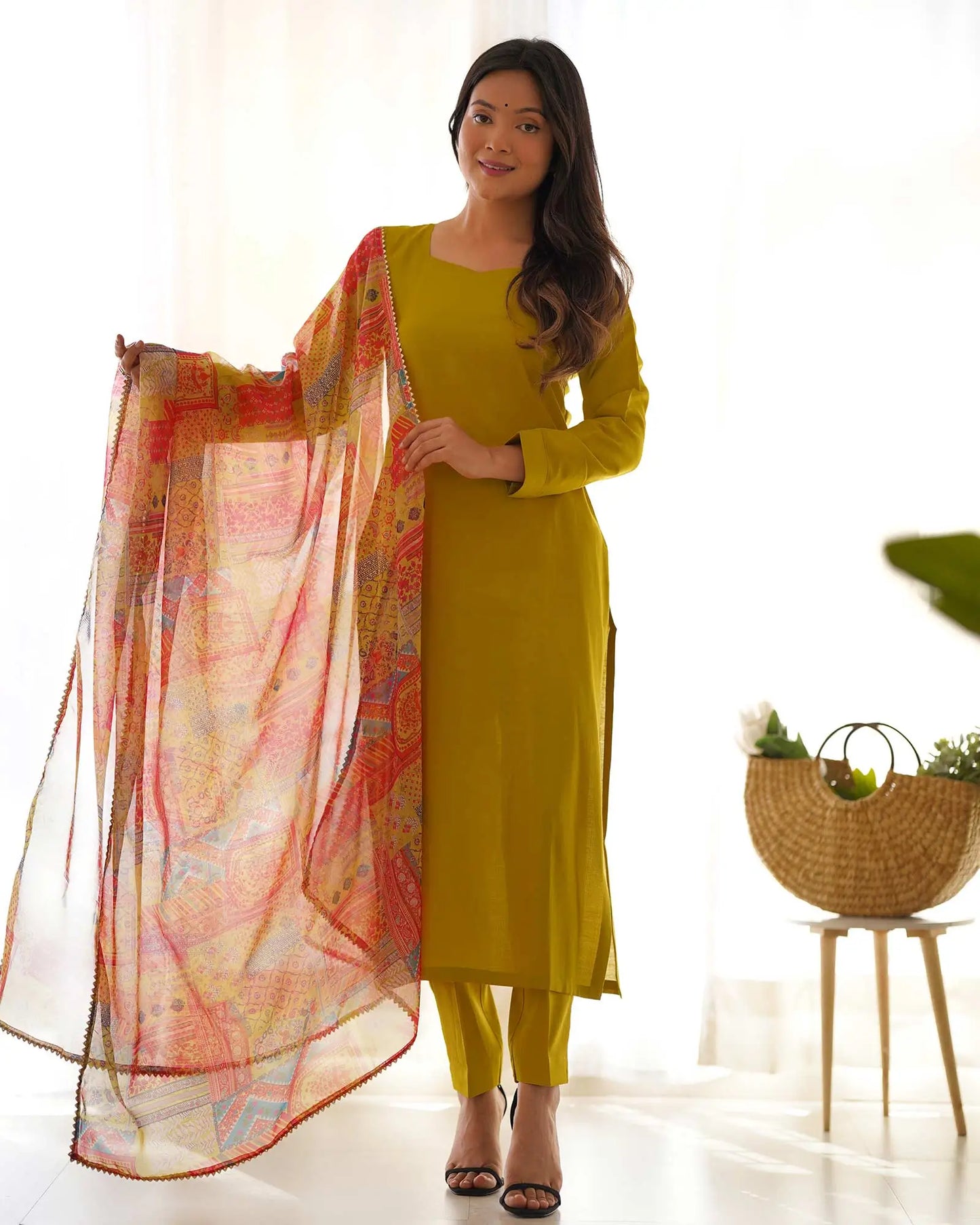Met Yellow Viscose Straight Salwar Suit With Multi Floral Print Dupatta