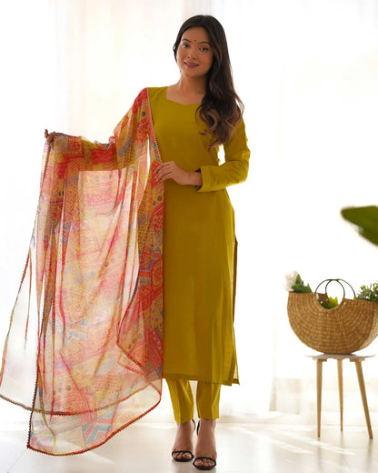 Met Yellow Viscose Straight Salwar Suit With Multi Floral Print Dupatta