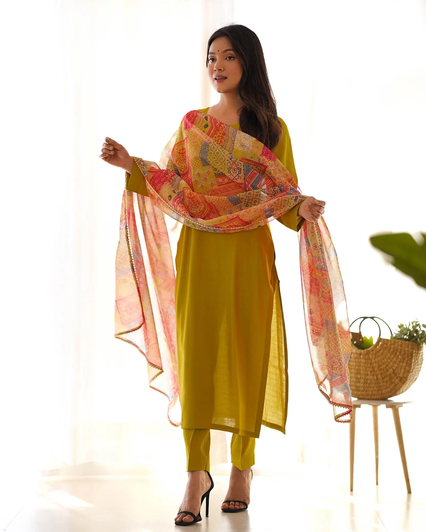 Met Yellow Viscose Straight Salwar Suit With Multi Floral Print Dupatta
