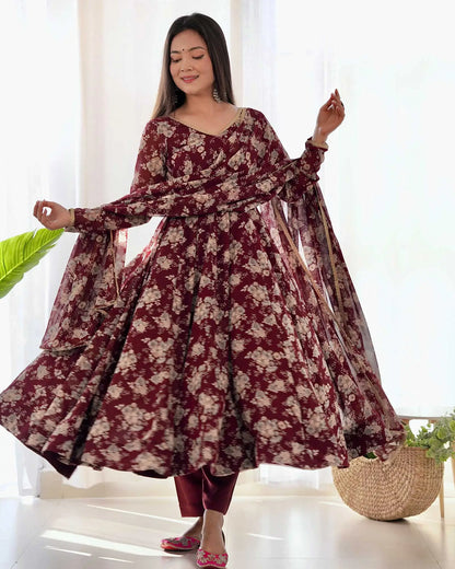 Dark Maroon Georgette Multi Floral Print Anarkali Gown With Dupatta