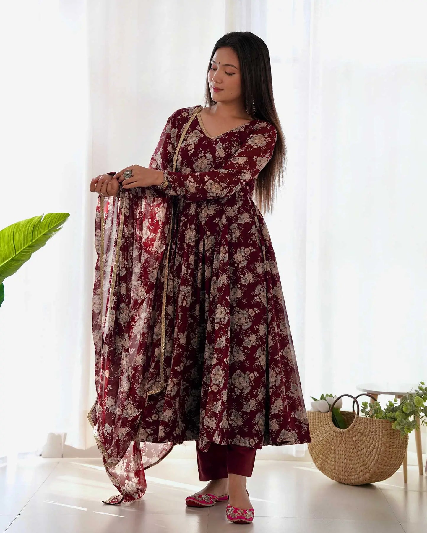 Dark Maroon Georgette Multi Floral Print Anarkali Gown With Dupatta