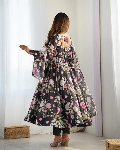 Black Floral Print Organza Gown For Summer