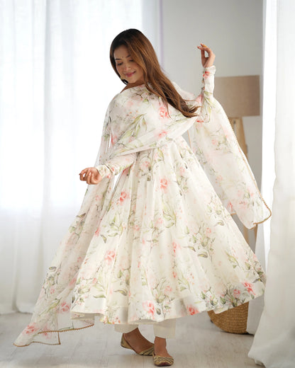 Off White Floral Print Organza Gown For Summer