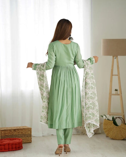 Pista Green Silk Nyra Cut Salwar Suit With Sequins Dori Thread Embroidery Work
