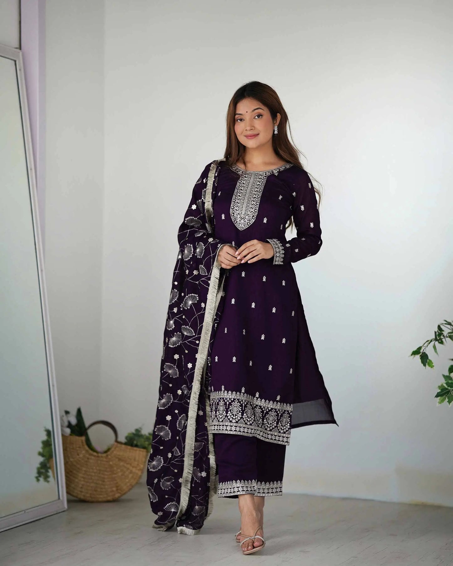 Dark Wine Rangoli Silk Salwar Suit With Sequins Embroidery Work With Heavy Dupatta