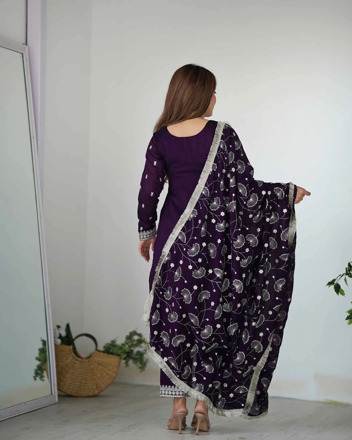 Dark Wine Rangoli Silk Salwar Suit With Sequins Embroidery Work With Heavy Dupatta