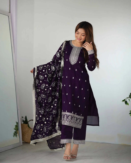 Dark Wine Rangoli Silk Salwar Suit With Sequins Embroidery Work With Heavy Dupatta