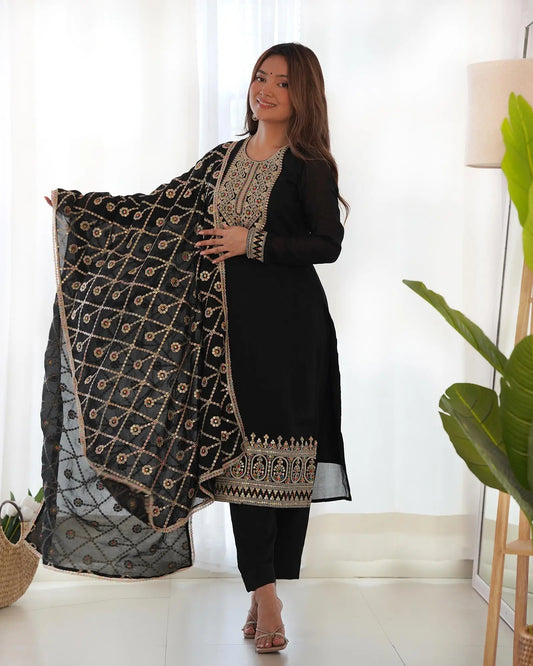 Black Silk Salwar Suit With Dori Sequins Embroidery Work With Heavy Dupatta