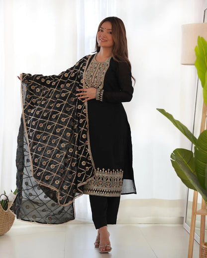 Black Silk Salwar Suit With Dori Sequins Embroidery Work With Heavy Dupatta