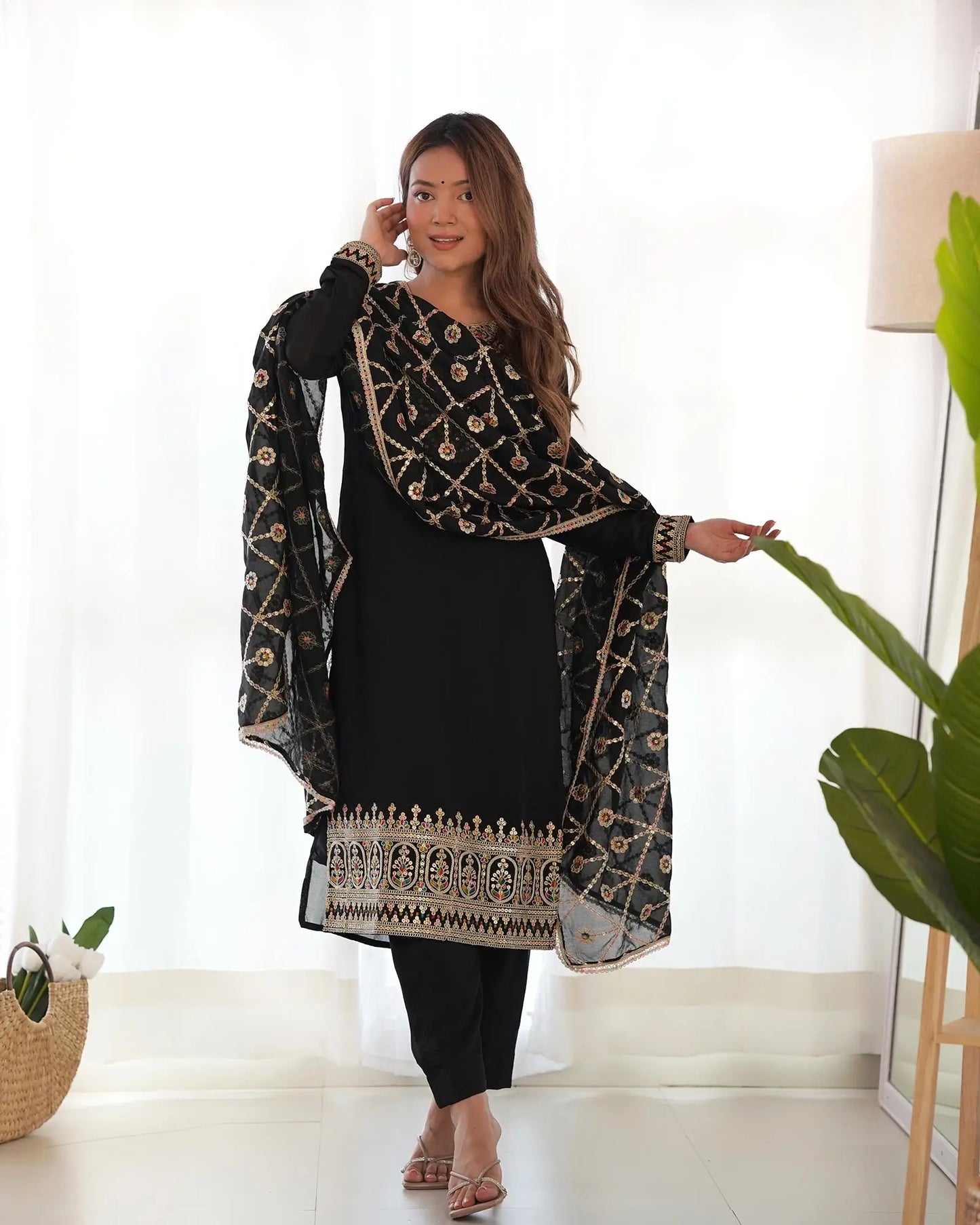 Black Silk Salwar Suit With Dori Sequins Embroidery Work With Heavy Dupatta